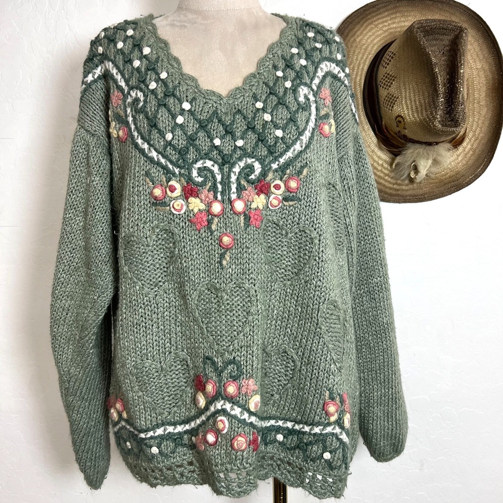 VTG Shenanigans Hand Knit Sweater L Sage Green Floral Hearts Country Cottage